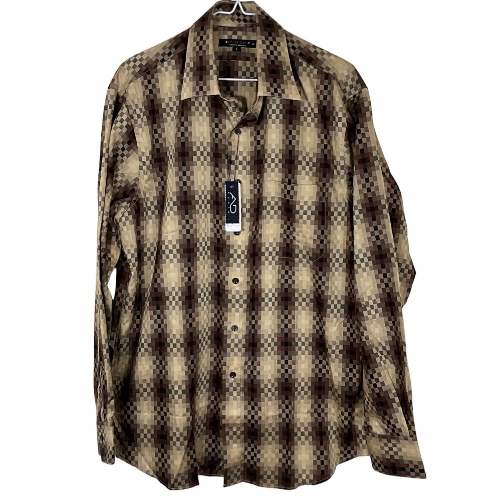 Andrew David Made In USA Shirt Mens L Brown Beige Checkered Long Sleeve‎